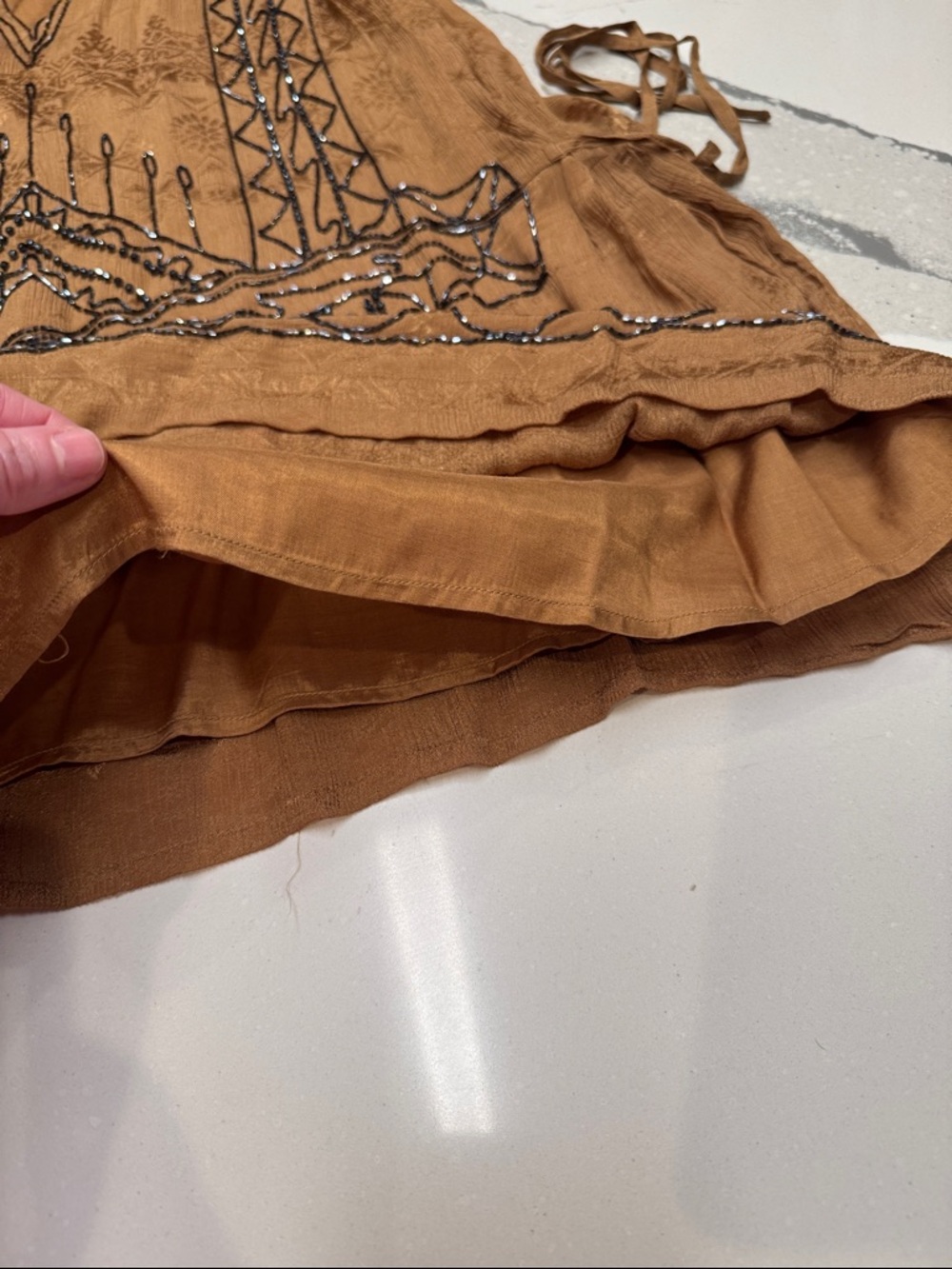Free People Coffee Colored Beaded Tie-Side Mini Dress Summer Wedding Stunning - Picture 7 of 11